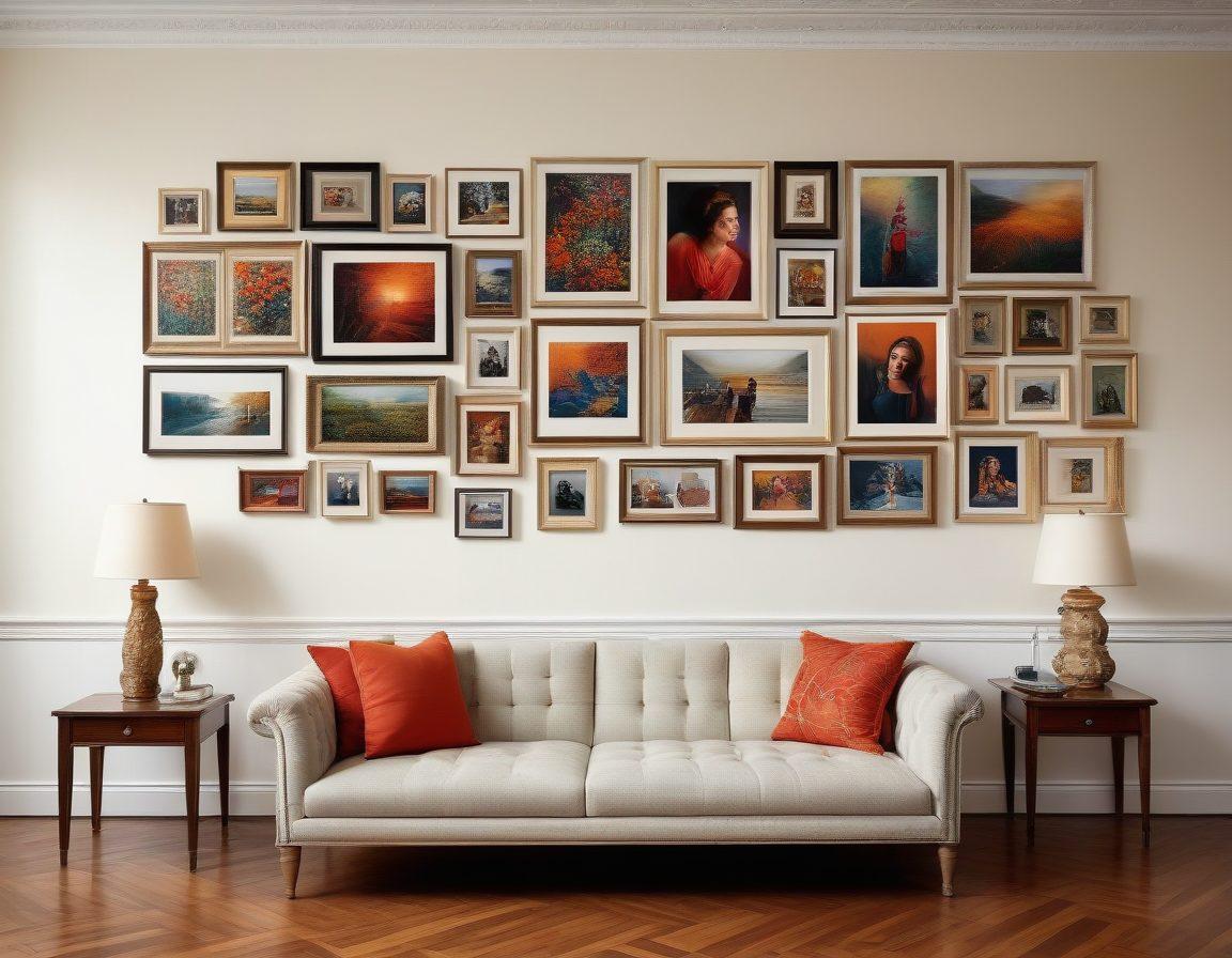 A captivating gallery wall filled with diverse, creative photography collections, showcasing emotional contrasts, from sorrowful landscapes to joyful portraits. Soft lighting highlights the textures and colors of each photograph, while a viewer stands contemplatively, absorbed in the art. Include elements like shadows, framed images, and subtle reflections to enhance the mood. Surrounded by unexpected bursts of color to symbolize transformation. super-realistic. warm tones. intimate atmosphere.