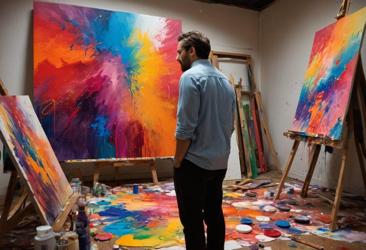 A melancholic artist surrounded by vibrant paint splashes, creating a vivid masterpiece that represents joy emerging from sadness. The background features abstract shapes symbolizing emotions, while a poignant expression captures the transformation process. Soft lighting enhances the contrast between the somber atmosphere and the bright artwork. Artistic brush strokes blend realism with surreal elements. painting. vibrant colors. soft lighting.