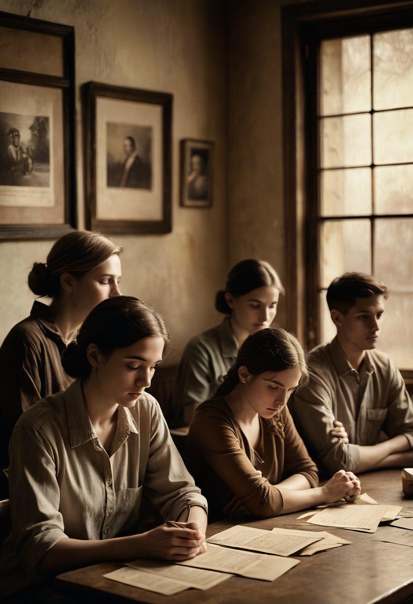 A group of diverse individuals in a dimly lit, atmospheric setting, each expressing unique emotions that convey a sense of melancholy. They are surrounded by subtle shadows and soft lighting to enhance the somber mood, with vintage-style photography elements, like faded edges and gentle sepia tones. Incorporate visual storytelling elements like old letters or photographs scattered on a table, suggesting shared memories and longing. painterly style. muted colors. soft focus.